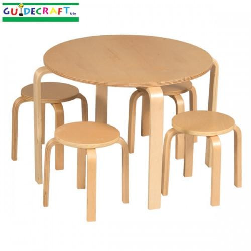 Guidecraft Nordic Natural Kids Table & Chairs Set, wooden round table with four matching chairs designed for children.
