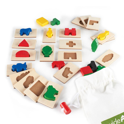 Guidecraft 3D Feel & Find Wooden Puzzle Set, educational preschool toy with colorful wooden shapes and matching textured tiles for sensory and motor skill development.