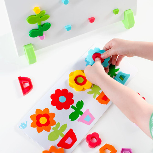 Guidecraft Flower Pot Sort and Match Manipulative, colorful flower-shaped and pot-shaped pieces for preschool sorting and matching activities.