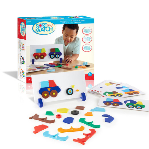 Guidecraft Construction Truck Sort and Match Game, colorful educational matching and stacking toy for children.
