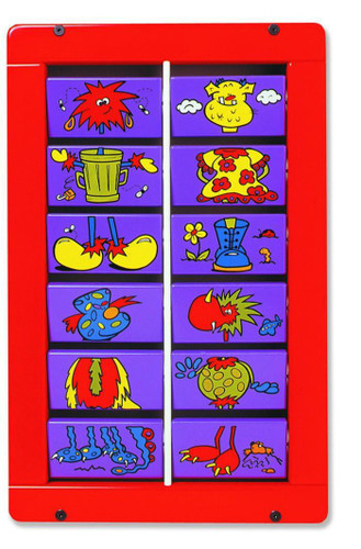 Playscapes Monster Block Activity Wall Panel, colorful wall panel with monster-themed illustrations and blocks for children's play and educational activities.