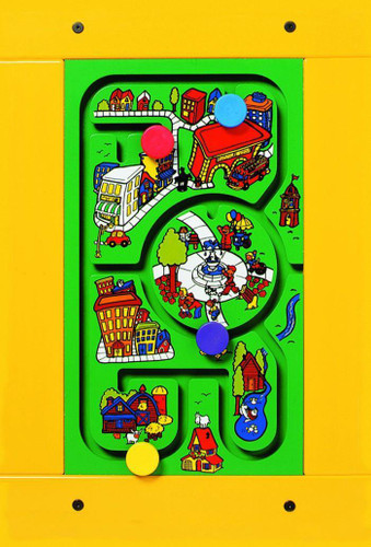 Playscapes Travel Town Activity Wall Panel, colorful interactive town-themed play panel for children with magnetic balls and illustrated city scenes.