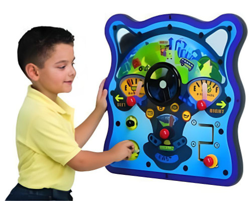 Playscapes Eco Drive Wall Toy, interactive children's educational toy with colorful gears, levers, and a steering wheel for developing motor skills and problem-solving.
