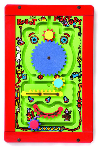 Playscapes Robot Factory Activity Wall Panel Toy, colorful interactive toy with gears, cogs, and robotic illustrations for children's play and learning.