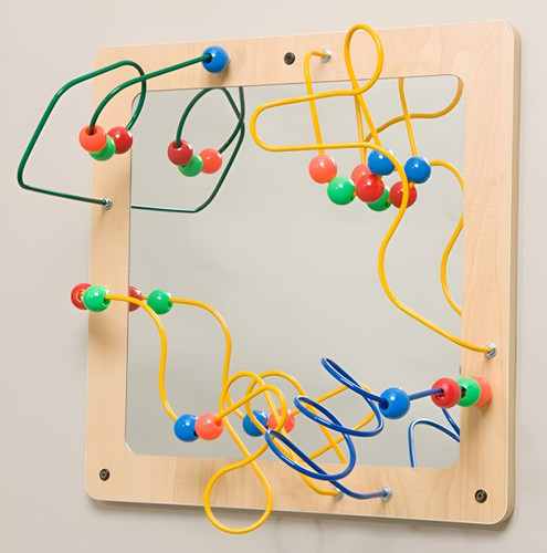 Playscapes Mirror and Bead Wall Toy, colorful educational wall toy with a wooden frame, metal tracks, and multicolored beads for children's sensory and fine motor development.