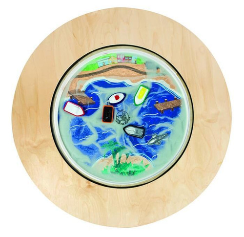 Playscapes Ocean Round Magnetic Sand Table, top view showing a circular magnetic sand table with ocean-themed decorations, magnetic ships, and accessories on a wooden surface.