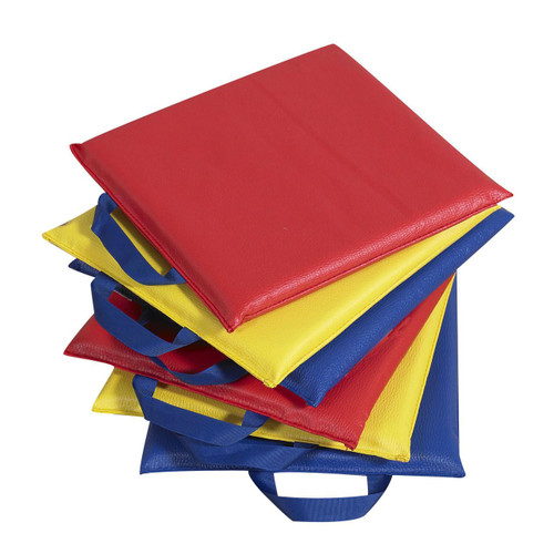 Children's Factory Sit-Arounds Floor Seating Cushions, Rainbow - Set of 6, colorful set of six children's floor cushions in red, yellow, and blue with handles for easy carrying. Children's Factory Sit-Arounds Floor Seating Cushions, Rainbow - Set of 6, colorful set of six children's floor cushions in red, yellow, and blue with handles for easy carrying.