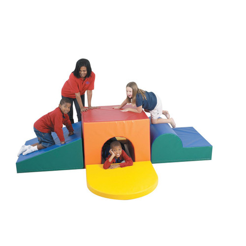Children's Factory School Age Tunnel Foam Climber, colorful foam play structure with a tunnel, slide, and climbing areas for kids' active indoor play.