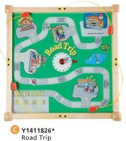 Playscapes Square Road Trip Play From The Top Game Table, children's game table with a colorful road trip theme featuring a winding road, start and finish points, and various cityscape illustrations.
