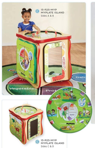 Playscapes MyPlate Activity Island Play Cube, colorful children's educational play cube with interactive features and images of food groups. Playscapes MyPlate Activity Island Play Cube, colorful children's educational play cube with interactive features and images of food groups.