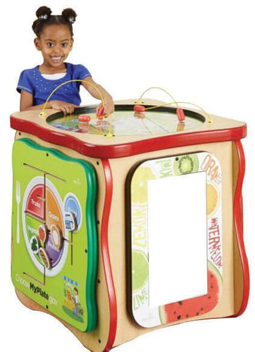 Playscapes MyPlate Activity Island Play Cube, a colorful educational toy for children with a girl playing and engaging with the interactive features.