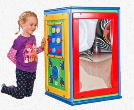Playscapes Fun Island Cube Activity Center, colorful plastic cube with interactive panels and a transparent tunnel for children to play and explore.