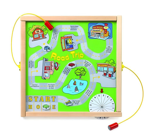 Playscapes Road Trip Magnetic Wall Game, colorful children’s travel-themed board game with a winding road, various illustrated landmarks, and magnetic cars and accessories.