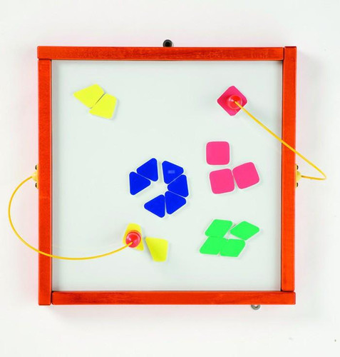 Playscapes Shapes Magnetic Wall Activity, colorful magnetic shapes on a whiteboard with a red frame for educational play and developing spatial skills.