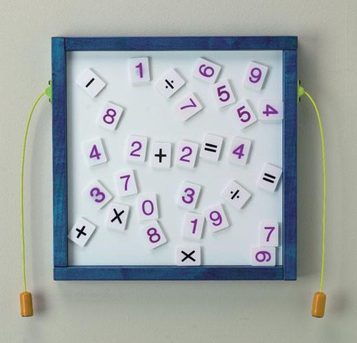 Playscapes Numbers Magnetic Educational Wall Activity, magnetic number and math operator tiles on a whiteboard framed in blue for kids learning.