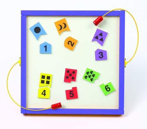 Playscapes Numbers Match Magnetic Educational Wall Activity, colorful magnetic numbers and shapes on a whiteboard.