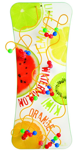 Playscapes Fruit Flip Wire & Bead Maze Wall Toy, colorful fruit-themed bead maze with orange wire and multicolored beads featuring slices of lime, watermelon, lemon, and kiwi in the background.