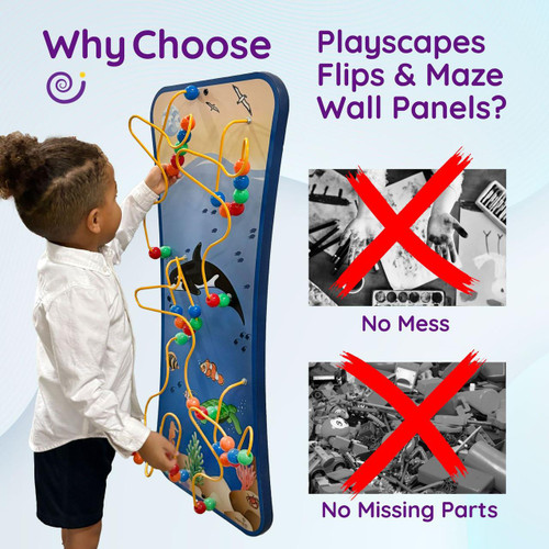 Playscapes Harmony Park Flip Bead Maze Wall Toy, colorful bead maze with yellow wires and multicolored beads mounted on a blue ocean-themed background.