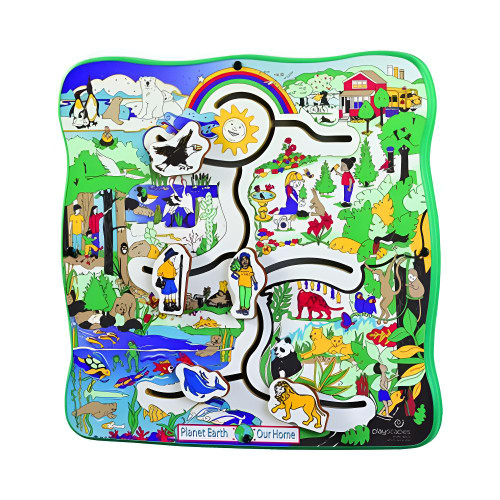 Playscapes Earth Journeys Wall Toy, colorful maze game illustrating various landscapes and animals in a playful and educational design.