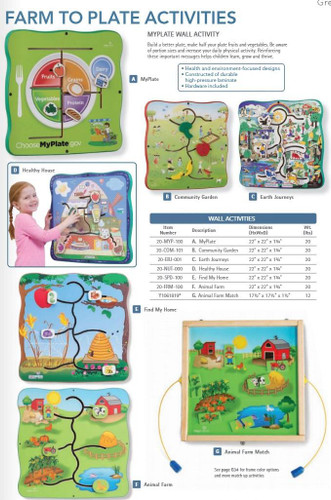 Playscapes Community Garden Wall Activity Toy, educational wall activity for children featuring farm to plate themed illustrations with interactive elements for learning about healthy foods and farm life.