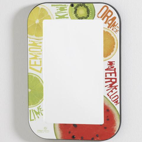 Playscapes Fruit Kids Wall Mirror, colorful fruit-themed decorative mirror for children with illustrations of lemon, kiwi, orange, watermelon, and lime.