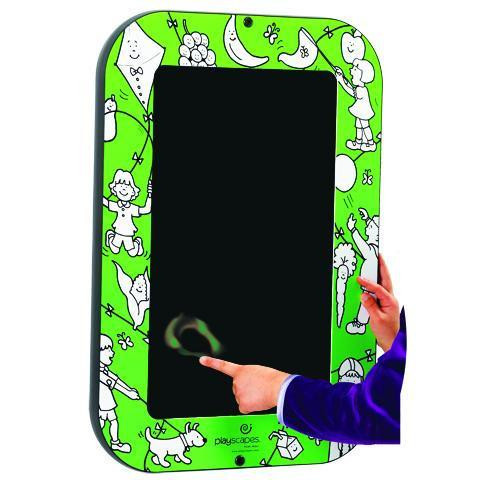 Playscapes Wellness Magic Hands Heat Sensitive Wall Panel, a green interactive wall with cartoon illustrations and a person touching the panel to activate the heat-sensitive magic hands feature.