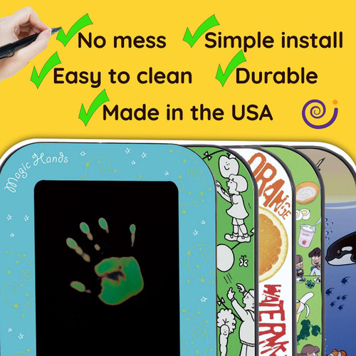 Playscapes Seascape Magic Hands On Wall Toy, colorful wall-mounted interactive toy featuring a digital handprint and various nature-themed illustrations.