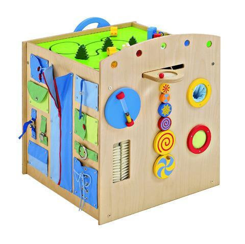 HABA Pro Multi Sensory Learning Cube, a wooden educational toy with various sensory activities including gears, shapes, and textures for children's development.