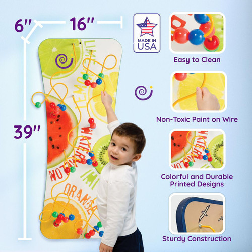Playscapes Safari Flip Bead Maze Wall Toy, colorful bead maze with non-toxic painted wire, mounted on a vibrant fruit-themed background, designed for children.