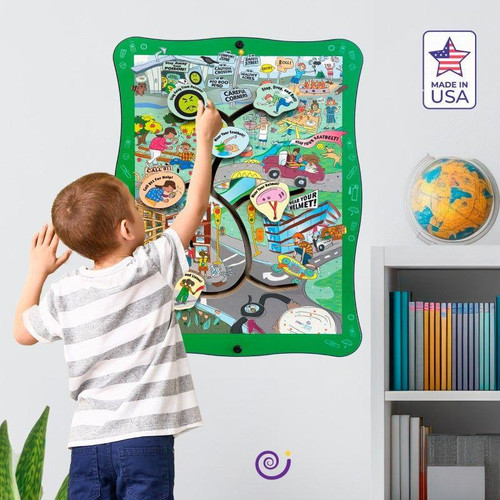 Playscapes Safety Road Activity Wall Panel, interactive educational game for children with traffic signs and safety instructions.