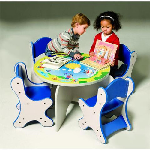 Playscapes Harmony Park 5 Piece Kids Table & Chairs Set, children playing with books at a colorful playtable with matching blue and white chairs.