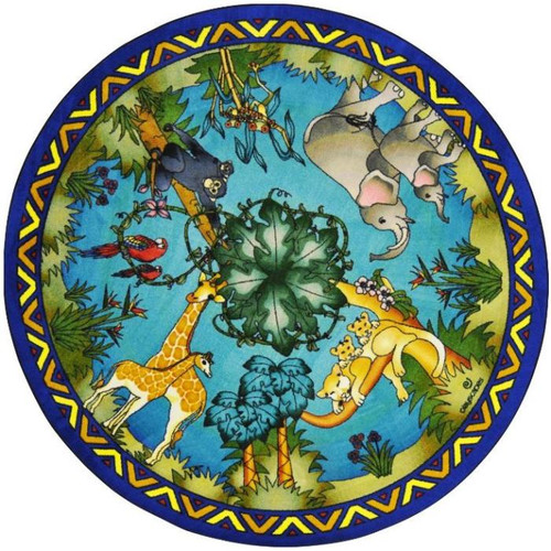 Playscapes Animal Families Designer Round Carpet, colorful illustrated animal family scene with jungle animals including giraffe, lion, elephant, zebra, and birds.