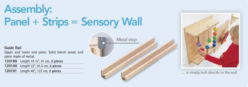 HABA Pro Wall Guide Rails for Sensory Wall Toys, set of two natural wooden guide rails with metal stops for assembling sensory wall panels.