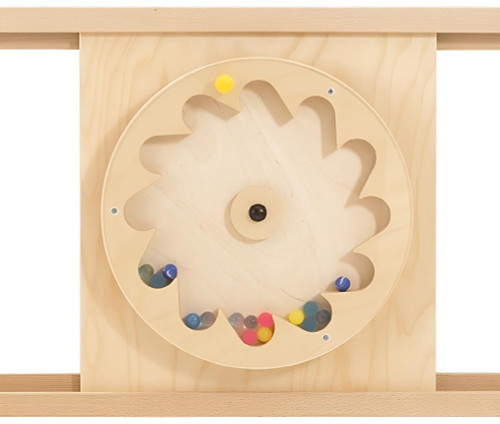 HABA Pro Gear Wheel with Rubber Balls Sensory Wall Toy, wooden gear wheel with colorful rubber balls inside, designed for sensory play and motor skill development.