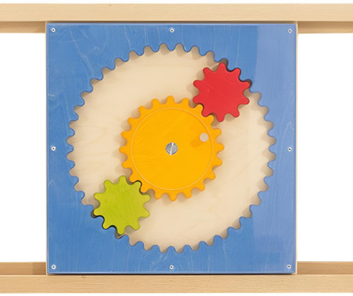 HABA Pro Acrylic Gears Sensory Wall Activity Panel, colorful gear puzzle on wooden background.