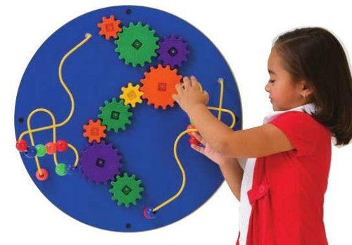 Playscapes Loco-motion Blue Sphere Activity Wall Toy, colorful gear and string maze for children to develop motor skills and hand-eye coordination.