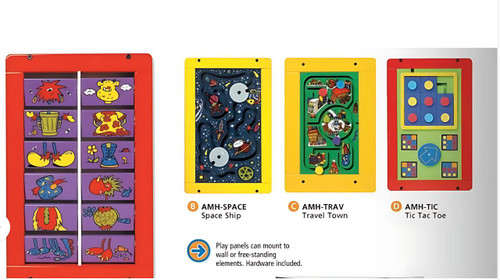 Playscapes Locomotive Train and Caboose Activity Wall Panel Center, colorful interactive wall panels including space, travel, and tic tac toe themes.