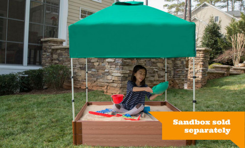 Frame It All Telescoping Square Sandbox Canopy & Cover, a green outdoor sandbox with a canopy and cover designed for children's play.