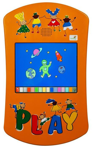 Playscapes Keydo Interactive Touch Screen Activity Wall Panel, colorful children’s play and learning activity wall with cartoon characters and space-themed digital display.