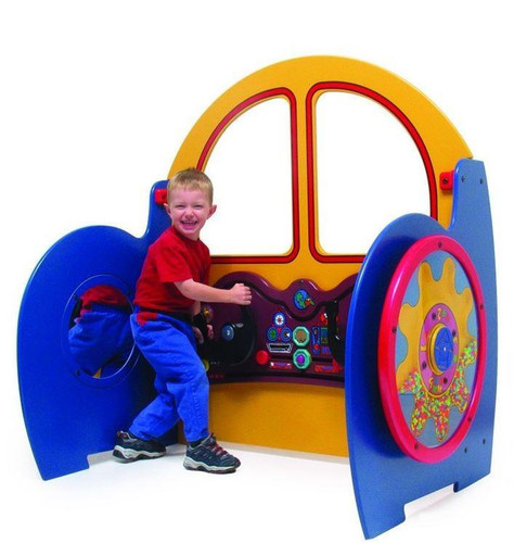 Playscapes Kyles Kockpit Activity Center, colorful children's play structure with driving controls, dashboard, and large blue and yellow panels for kids to enjoy interactive play.