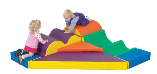 Children's Factory Marshmallow Upside Downs Soft Play Climber, colorful padded play structure with children climbing and playing on it.