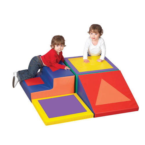 Children's Factory Shape and Play Foam Climbing Blocks, colorful foam climbing activity set for kids with two children playing on the blocks Children's Factory Shape and Play Foam Climbing Blocks, colorful foam climbing activity set for kids with two children playing on the blocks