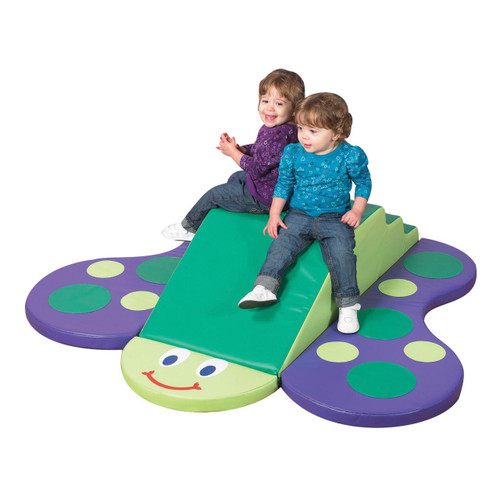 Children's Factory Butterfly Soft Play Climber, Rainbow, colorful foam play structure in butterfly shape with two young children playing on it.