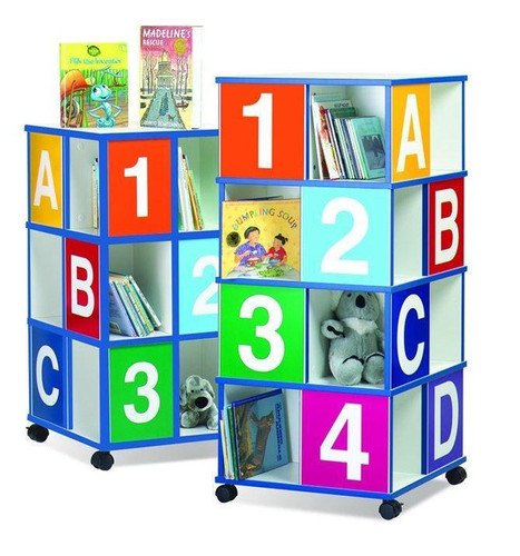 Playscapes Three-Tier ABC/123 Book Display, colorful storage shelves with labeled compartments for books and toys, featuring bright colors and educational design for children.