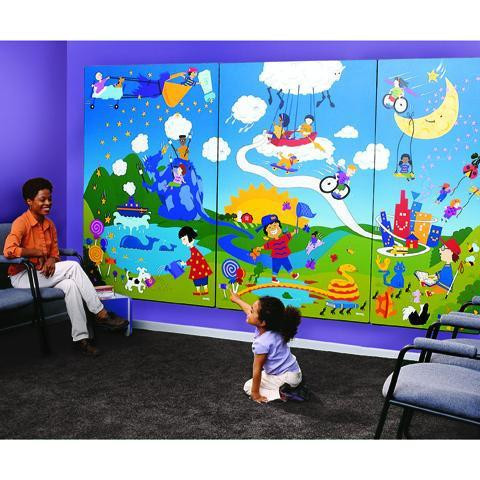 Playscapes Harmony Park Wall Mural, colorful children's outdoor play scene with various playful elements and characters.