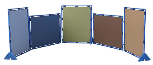 Children's Factory Woodland Big Screen Play Panels, colorful foldable play panels with blue frames and different colored surfaces.