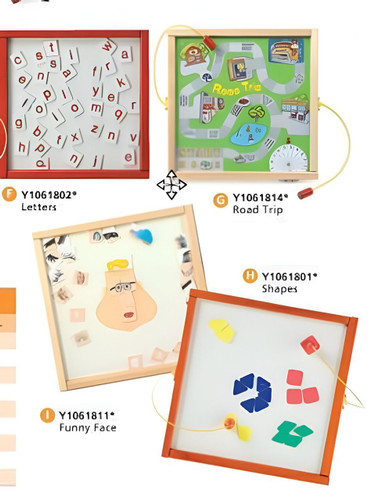 Playscapes Language Magnetic Wall Activity, educational magnetic activity boards with letter magnets, road trip scene, funny face, and shape matching games for children.