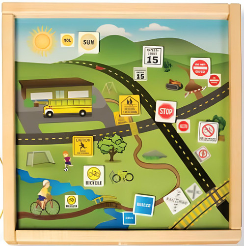 Playscapes Language Magnetic Wall Activity, educational interactive playboard with weather, traffic signs, and outdoor scenes for language learning and motor skills development.