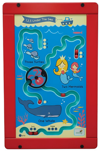 Playscapes 1-2-3 Under the Sea Activity Wall Panel Toy, colorful children's educational game featuring underwater sea creatures, mermaids, turtle, whale, and interactive elements for learning counting and numbers.