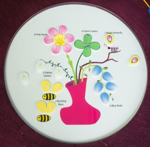 Playscapes Bees & Flowers Round Children's Activity Table, colorful table featuring bee and flower illustrations with labeled parts like pink petals, green leaves, butterflies, daisies, blue buds, and buzzing bees for children's educational play.